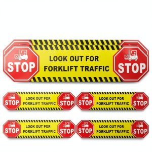 6 Pack Stop Look Out for Forklift Traffic Floor Sticker，24" × 6"，Vinyl Self-Adhesive-0